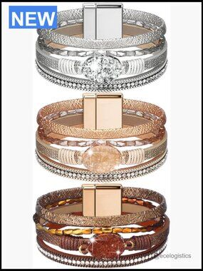 3 Bohemian Faux Leather Cuff Bracelets Adjustable Western Jewelry